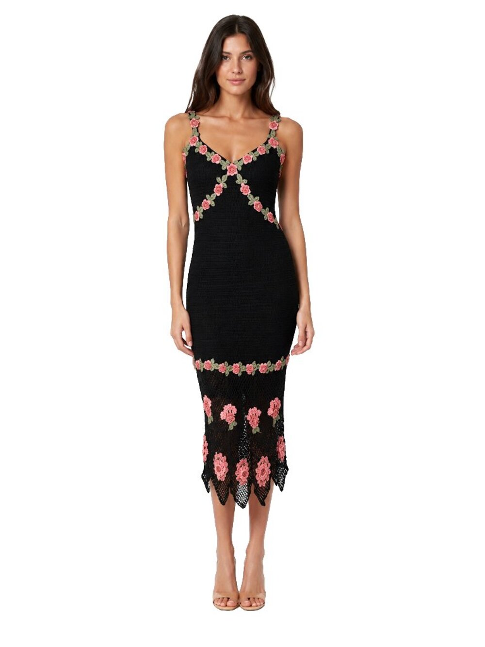 Stunning Vintage Cache Y2K Crochet Floral Appliqué Dress